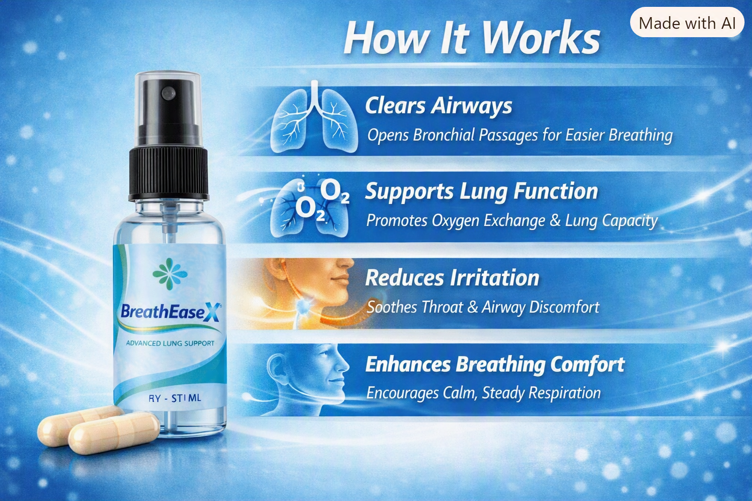 Diagram showing how BreathEaseX clears airways and CardioEaseX supports oxygen delivery